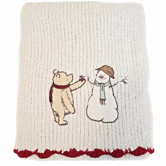 Disney Other - Disney Classic Winnie the Pooh Chenille Baby Blanket Snowman White Red Trim HTF
